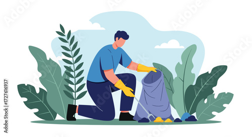 Man wearing gloves cleaning up trash in a park with large green leaves and blue sky in the background.