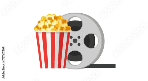Red Striped Popcorn Bucket with Golden Popcorn and Film Reel.