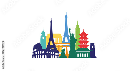 Colorful Silhouette of Iconic World Landmarks and Monuments.