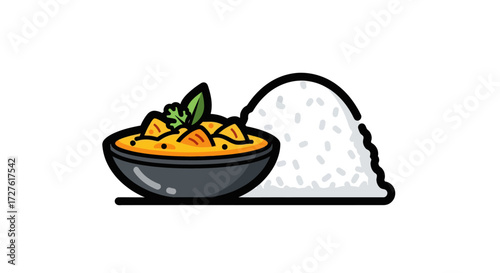 Delicious Curry Dish with Rice Garnished with Fresh Herbs.