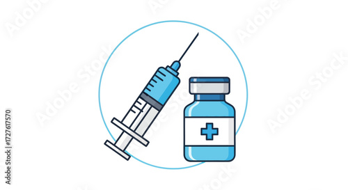 Medical Syringe and Vaccine Vial Illustration with Blue Liquid.