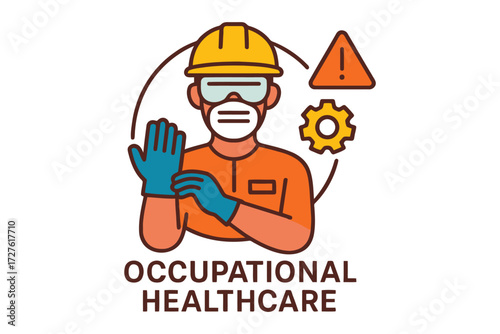 Worker wearing safety gear with warning symbols for occupational health and safety