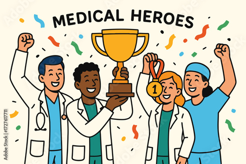 Diverse medical heroes celebrate victory holding golden trophy and medals