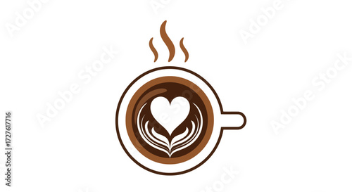 Steaming Hot Coffee Cup with Heart Latte Art.