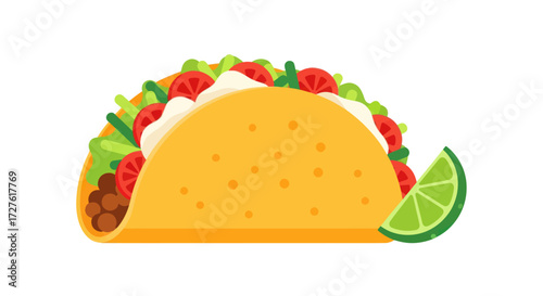 Delicious Taco with Fresh Toppings and a Lime Wedge.