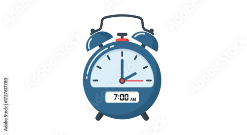 Classic Blue Twin Bell Alarm Clock Displaying 7:00 AM.