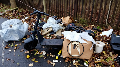 Remains of an e-scooter and rubbish on New Year's Day following vandalism and arson.