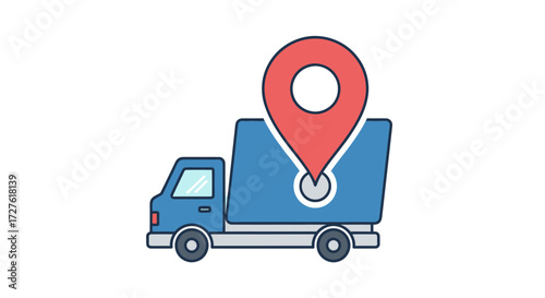 Blue Delivery Truck with Red Location Pin Icon.