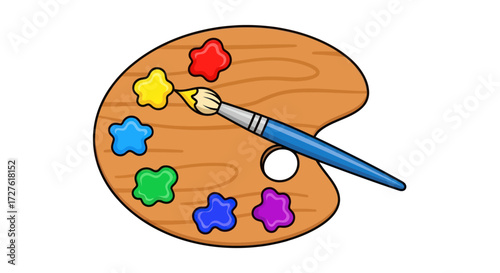Wooden artists palette with colorful paint blobs and a brush.