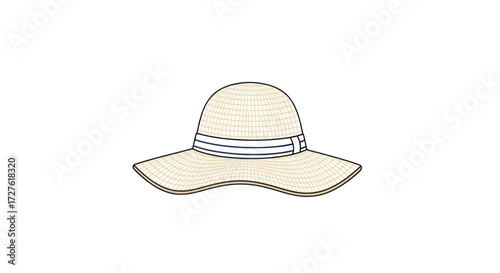 Elegant Wide-Brimmed Sun Hat with Striped Band Illustration.