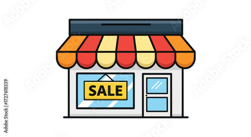 A cartoon illustration of a small storefront with a colorful striped awning and a sale sign.