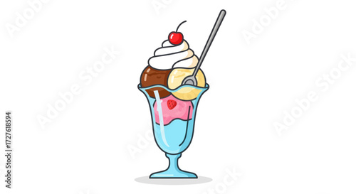 A colorful cartoon ice cream sundae in a tall glass with whipped cream chocolate sauce and a cherry on top.