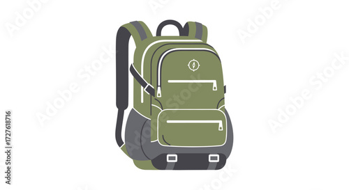 Olive green travel backpack with multiple zippered pockets and black straps.