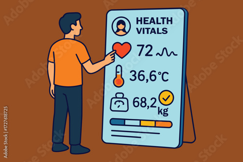 Man interacting with health vitals display on a large digital screen