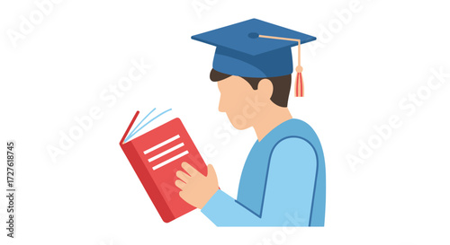 Student Reading a Book Wearing Graduation Cap.