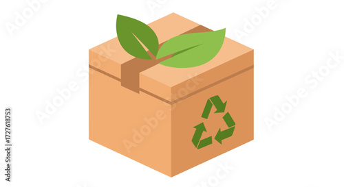 Eco-Friendly Cardboard Box with Green Recycling Symbol and Leaves.