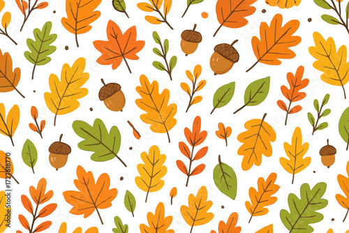 Autumn Leaves and Acorns Pattern on Transparent Background