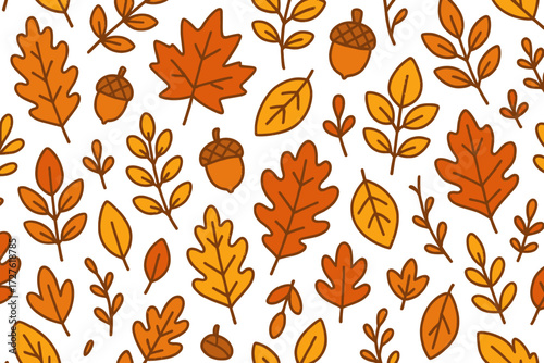 Autumn Leaf Pattern with Acorns in Warm Orange and Yellow Tones on Transparent Background