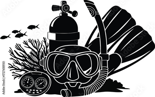 Scuba diver silhouette isolated on white background