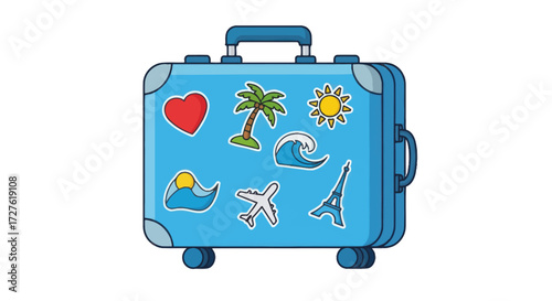 Blue suitcase adorned with travel-themed stickers ready for adventure.