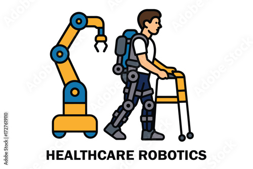 Man in exoskeleton suit with robotic arm and walker for healthcare assistance
