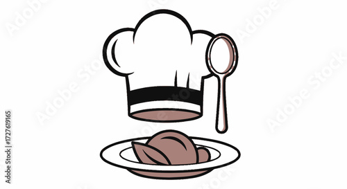 Cartoon Chefs Hat Spoon and Plated Dish of Food.