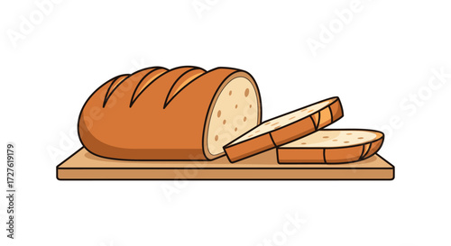 Loaf of Bread and Slices on Wooden Cutting Board.