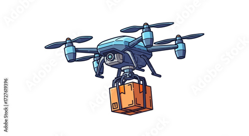Blue Drone Delivering Package with Four Propellers in Flight.
