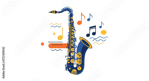 Vibrant Blue Saxophone Illustration with Musical Notes.