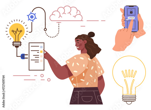 Woman interacting with ideas and tools, unlocking phone app, lightbulbs, and flowchart cloud links. Ideal for creativity, innovation, brainstorming, security technology planning simplicity. A