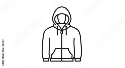 Outline Icon of a Hooded Sweatshirt with Zipper and Front Pocket.
