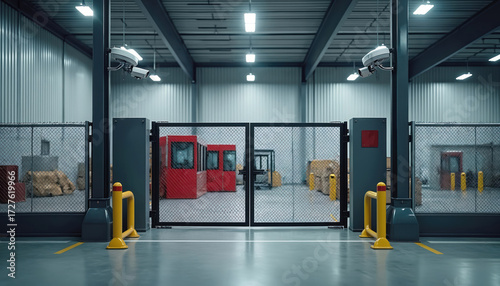 Secure warehouse interior with gated entrance, surveillance cameras, and protected storage. Red security booths are visible inside. Goods are packed and ready for logistics.