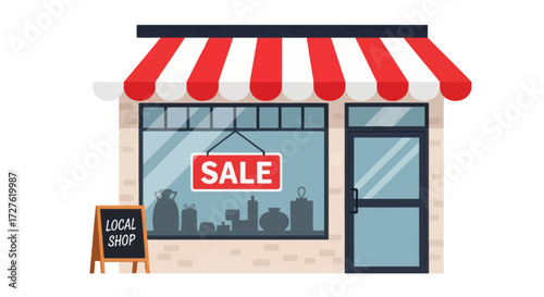 Charming Local Shop with Red and White Striped Awning and Sale Sign.