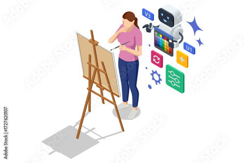 AI art assistant. Isometric AI robot helping woman with painting on easel, supporting creativity and digital art process with artificial intelligence. Machine learning technology, neural networks