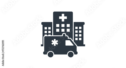 Hospital Building with Emergency Ambulance Icon.