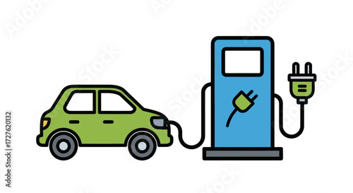 Vector illustration of a green electric car refueling at a public charging station.