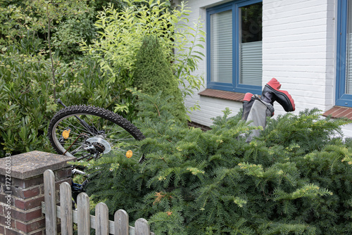 Funny scene of cyclist falling into bush with legs and bike visible