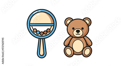 Baby Rattle and Brown Teddy Bear Toys.