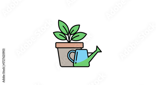 Colorful flat icon of a green potted plant and a blue watering can representing gardening and plant care.