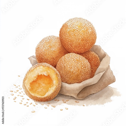 Wallpaper Mural Hand-drawn watercolor illustration of traditional Chinese sesame balls dessert Torontodigital.ca