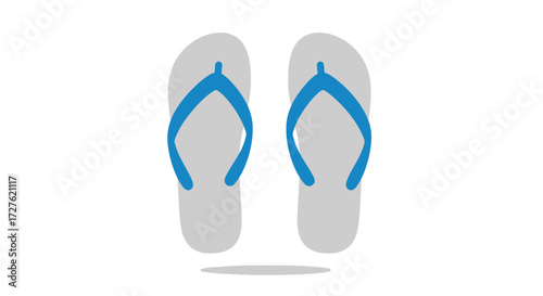 A simple vector illustration of a pair of grey flip-flops with blue straps.