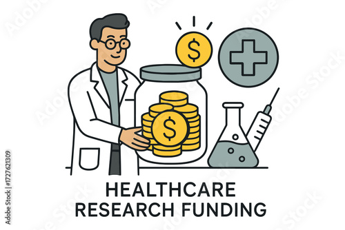 Doctor holding jar of coins for healthcare research funding and medical innovation