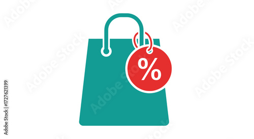 Teal shopping bag icon with a red circular percentage discount tag for sales and promotions.