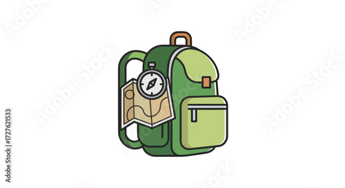 Green Backpack with Compass and Map for Outdoor Adventures.