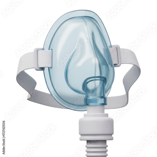 Close-up of a clear, blue CPAP mask with white straps and connector for medical use.
