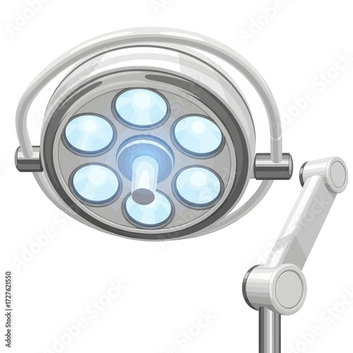A close-up, detailed illustration of a modern surgical examination light with multiple bright LED bulbs.