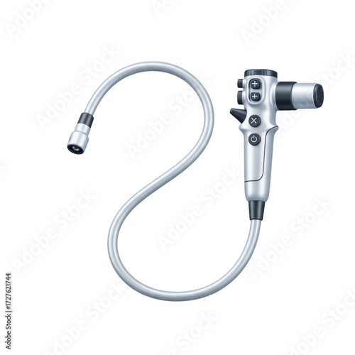A modern medical endoscope with a flexible insertion tube and control handle, isolated on a white background.
