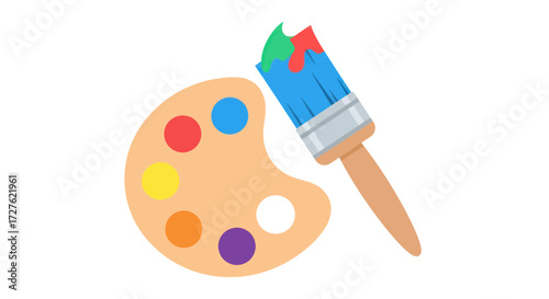 Artists Palette with Colorful Paints and Paintbrush.