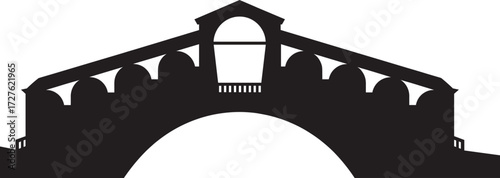 Black Silhouette of Rialto Bridge in Venice Italy Featuring Central Arch, Historic Architecture, Renaissance Design, and Iconic European Landmark Illustration