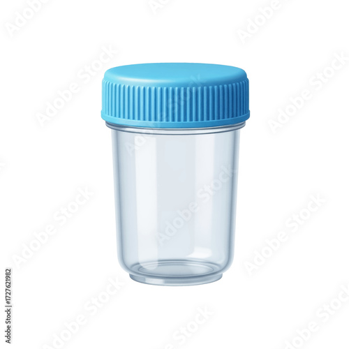 An empty, clear plastic medical specimen cup with a blue ribbed screw-on lid, isolated on a white background.